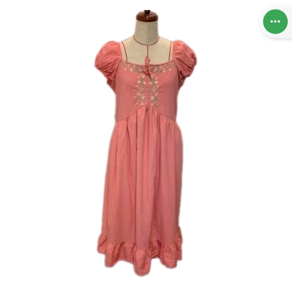 Blueberi Boulevard Dress Womens XL Pink Boho Cottagecore Puff Sleeve Embroidered